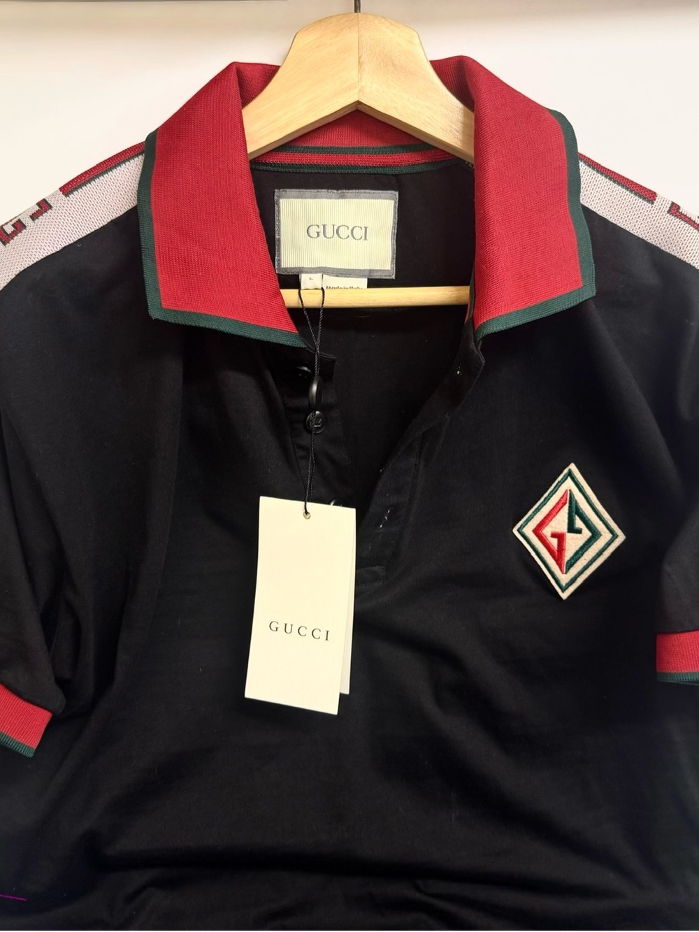 Gucci Black Polo with Red and Green Trim and Chest Patch